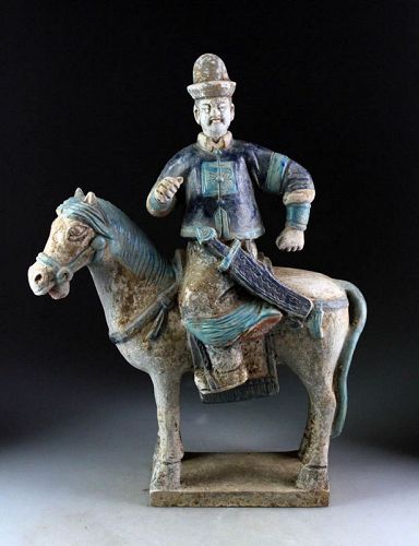 Choice Ming Dynasty Mandarin tomb pottery officer Horseman, 14" Tall
